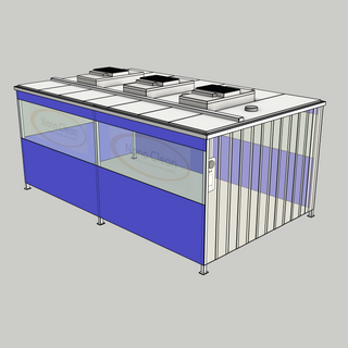 3D model of a Nano Clean CleanCell 1.1/351 Softwall Cleanroom (with Lobby) showing floor fixed CleanCell CC-1.1-SW351-F-FVS with perimeter flexible vinyl screens