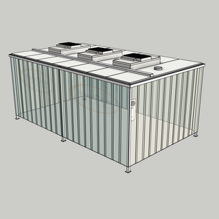3D model of a Nano Clean CleanCell 1.1/351 Softwall Cleanroom (with Lobby) showing mobile CleanCell CC-1.1-SW351-M-SVC with perimeter strip vinyl curtains