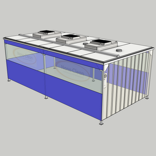 3D model of a Nano Clean CleanCell 1.1/361 Softwall Cleanroom (with Lobby) showing floor fixed CleanCell CC-1.1-SW361-F-FVS with perimeter flexible vinyl screens