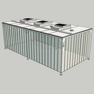 3D model of a Nano Clean CleanCell 1.1/361 Softwall Cleanroom (with Lobby) showing floor fixed CleanCell CC-1.1-SW361-F-SVC with perimeter strip vinyl curtains