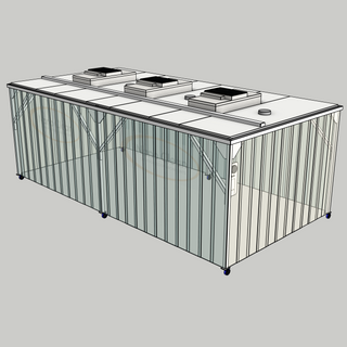 3D model of a Nano Clean CleanCell 1.1/361 Softwall Cleanroom (with Lobby) showing mobile CleanCell CC-1.1-SW361-M-SVC with perimeter strip vinyl curtains