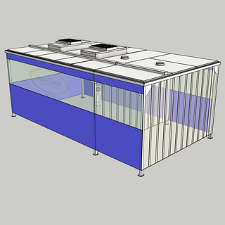 3D model of a Nano Clean CleanCell 1.2/341L Softwall Cleanroom (with Lobby) showing floor fixed CleanCell CC-1.2-SW341L-F-FVS with perimeter flexible vinyl screens