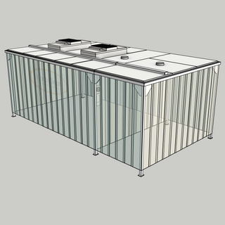 3D model of a Nano Clean CleanCell 1.2/341L Softwall Cleanroom (with Lobby) showing floor fixed CleanCell CC-1.2-SW341L-F-SVC with perimeter strip vinyl curtains