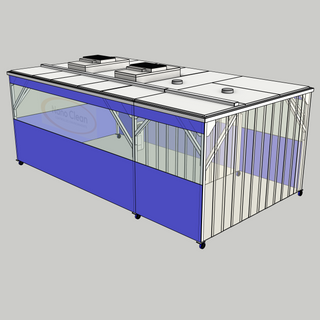 3D model of a Nano Clean CleanCell 1.2/341L Softwall Cleanroom (with Lobby) showing mobile CleanCell CC-1.2-SW341L-M-FVS with perimeter flexible vinyl screens