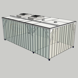 3D model of a Nano Clean CleanCell 1.2/341L Softwall Cleanroom (with Lobby) showing mobile CleanCell CC-1.2-SW341L-M-SVC with perimeter strip vinyl curtains