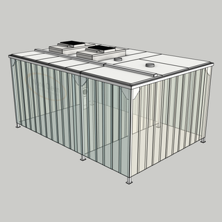 3D model of a Nano Clean CleanCell 1.2/331L Softwall Cleanroom (with Lobby) showing floor fixed CleanCell CC-1.2-SW331L-F-SVC with perimeter strip vinyl curtains