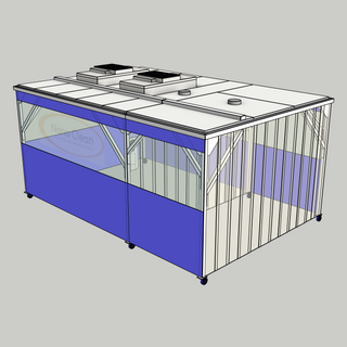 3D model of a Nano Clean CleanCell 1.2/331L Softwall Cleanroom (with Lobby) showing mobile CleanCell CC-1.2-SW331L-M-FVS with perimeter flexible vinyl screens