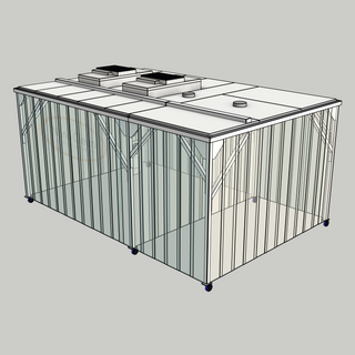 3D model of a Nano Clean CleanCell 1.2/331L Softwall Cleanroom (with Lobby) showing mobile CleanCell CC-1.2-SW331L-M-SVC with perimeter strip vinyl curtains