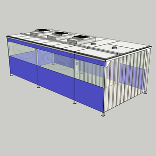 3D model of a Nano Clean CleanCell 1.2/351L Softwall Cleanroom (with Lobby) showing floor fixed CleanCell CC-1.2-SW351L-F-FVS with perimeter flexible vinyl screens