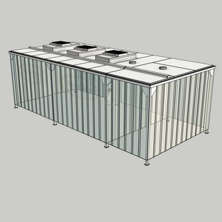 3D model of a Nano Clean CleanCell 1.2/351L Softwall Cleanroom (with Lobby) showing floor fixed CleanCell CC-1.2-SW351L-F-SVC with perimeter strip vinyl curtains