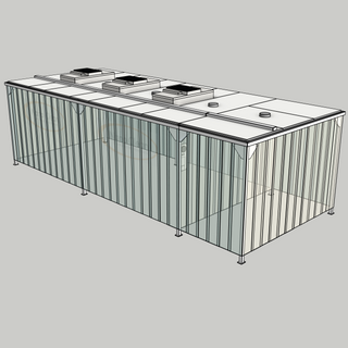 3D model of a Nano Clean CleanCell 1.2/361L Softwall Cleanroom (with Lobby) showing floor fixed CleanCell CC-1.2-SW361L-F-SVC with perimeter strip vinyl curtains