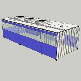 3D model of a Nano Clean CleanCell 1.2/361L Softwall Cleanroom (with Lobby) showing mobile CleanCell CC-1.2-SW361L-M-FVS with perimeter flexible vinyl screens