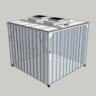 3D model of a Nano Clean CleanCell 1.3/335 Softwall Cleanroom (with Lobby) showing mobile CleanCell CC-1.3-SW335-M-SVC with perimeter strip vinyl curtains