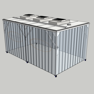 3D model of a Nano Clean CleanCell 1.3/355 Softwall Cleanroom (with Lobby) showing mobile CleanCell CC-1.3-SW355-M-SVC with perimeter strip vinyl curtains