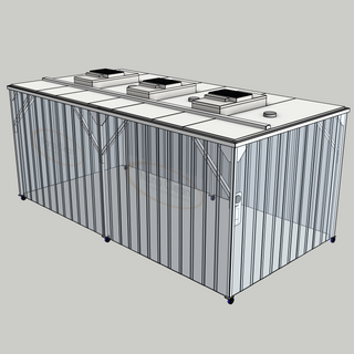3D model of a Nano Clean CleanCell 1.3/365 Softwall Cleanroom (with Lobby) showing mobile CleanCell CC-1.3-SW365-M-SVC with perimeter strip vinyl curtains