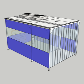 3D model of a Nano Clean CleanCell 1.4/335L Softwall Cleanroom (with Lobby) showing floor fixed CleanCell CC-1.4-SW335L-F-FVS with perimeter flexible vinyl screens