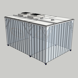 3D model of a Nano Clean CleanCell 1.4/335L Softwall Cleanroom (with Lobby) showing mobile CleanCell CC-1.4-SW335L-M-SVC with perimeter strip vinyl curtains