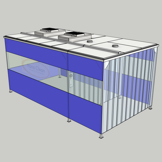 3D image of Nano Clean CleanCell 1.4/345L Softwall Cleanroom (with Lobby) showing floor-fixed model CC-1.4-345L-F-FVS with floor area of 3m x 5.5m and ceiling height of 2.5m. Complete with 2 qty fan HEPA filter modules, LED lighting, perimeter flexible vinyl screens and floor-fixing base plates.