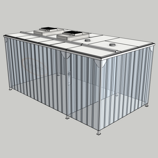 3D image of Nano Clean CleanCell 1.4/345L Softwall Cleanroom (with Lobby) showing floor-fixed model CC-1.4-345L-F-SVC with floor area of 3m x 5.5m and ceiling height of 2.5m. Complete with 2 qty fan HEPA filter modules, LED lighting, perimeter strip vinyl curtains and floor-fixing base plates.