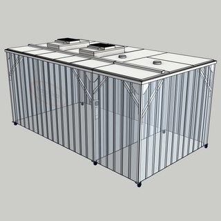 3D image of Nano Clean CleanCell 1.4/345L Softwall Cleanroom (with Lobby) showing mobile model CC-1.4-345L-M-SVC with floor area of 3m x 5.5m and ceiling height of 2.5m. Complete with 2 qty fan HEPA filter modules, LED lighting, perimeter strip vinyl curtains and lockable casters.