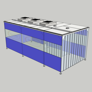 3D model of a Nano Clean CleanCell 1.4/355L Softwall Cleanroom (with Lobby) showing floor fixed CleanCell CC-1.4-SW355L-F-FVS with perimeter flexible vinyl screens