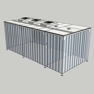 3D model of a Nano Clean CleanCell 1.4/355L Softwall Cleanroom (with Lobby) showing floor fixed CleanCell CC-1.4-SW355L-F-SVC with perimeter strip vinyl curtains
