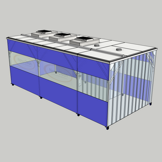 3D model of a Nano Clean CleanCell 1.4/355L Softwall Cleanroom (with Lobby) showing mobile CleanCell CC-1.4-SW355L-M-FVS with perimeter flexible vinyl screens