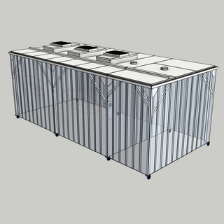 3D model of a Nano Clean CleanCell 1.4/355L Softwall Cleanroom (with Lobby) showing mobile CleanCell CC-1.4-SW355L-M-SVC with perimeter strip vinyl curtains