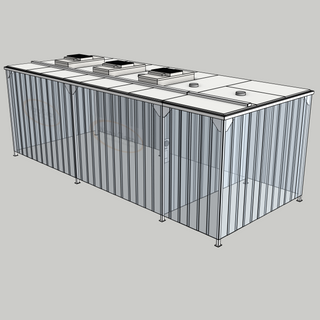 3D model of a Nano Clean CleanCell 1.4/365L Softwall Cleanroom (with Lobby) showing floor fixed CleanCell CC-1.4-SW365L-F-SVC with perimeter strip vinyl curtains
