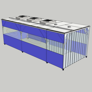 3D model of a Nano Clean CleanCell 1.4/365L Softwall Cleanroom (with Lobby) showing mobile CleanCell CC-1.4-SW365L-M-FVS with perimeter flexible vinyl screens