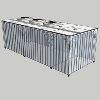 3D model of a Nano Clean CleanCell 1.4/365L Softwall Cleanroom (with Lobby) showing mobile CleanCell CC-1.4-SW365L-M-SVC with perimeter strip vinyl curtains