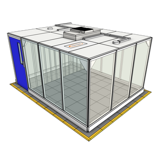 3D image of Nano Clean CleanCell 2.1/341 Hardwall Cleanroom showing model CC-2.1-341-VFK with floor area of 3.3m x 4.3m (including Lobby) and ceiling height of 2.1m. Complete with 1 qty fan HEPA filter module, LED lighting and vinyl flooring.