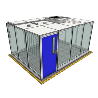 3D image of Nano Clean CleanCell 2.1/341 Hardwall Cleanroom showing model CC-2.1-341-VFK with floor area of 3.3m x 4.3m (including Lobby) and ceiling height of 2.1m. Complete with 1 qty fan HEPA filter module, LED lighting and vinyl flooring.