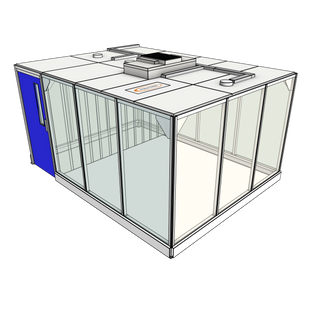 3D image of Nano Clean CleanCell 2.1/341 Hardwall Cleanroom showing model CC-2.1-341-x with floor area of 3.3m x 4.3m (including Lobby) and ceiling height of 2.1m. Complete with 1 qty fan HEPA filter module and LED lighting (no flooring).