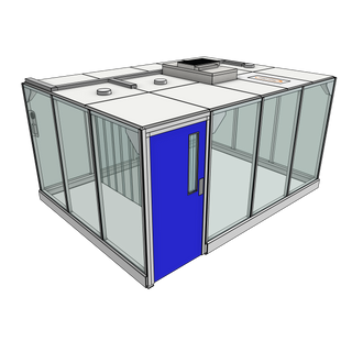 3D image of Nano Clean CleanCell 2.1/341 Hardwall Cleanroom showing model CC-2.1-341-VFK with floor area of 3.3m x 4.3m (including Lobby) and ceiling height of 2.1m. Complete with 1 qty fan HEPA filter module and LED lighting (no flooring).