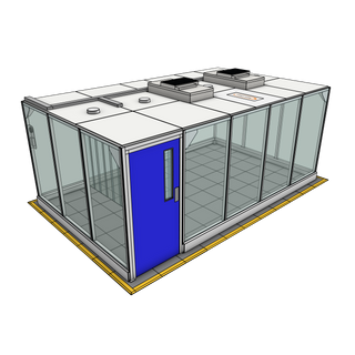 3D image of Nano Clean CleanCell 2.1/351 Hardwall Cleanroom showing model CC-2.1-351-VFK with floor area of 3.3m x 5.3m (including Lobby) and ceiling height of 2.1m. Complete with 2 qty fan HEPA filter modules, LED lighting and vinyl flooring.