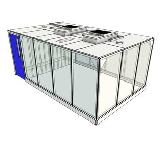 3D image of Nano Clean CleanCell 2.1/351 Hardwall Cleanroom showing model CC-2.1-351-x with floor area of 3.3m x 5.3m (including Lobby) and ceiling height of 2.1m. Complete with 2 qty fan HEPA filter modules and LED lighting (no flooring).