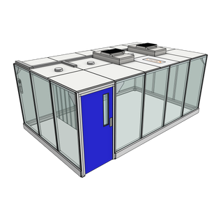 3D image of Nano Clean CleanCell 2.1/351 Hardwall Cleanroom showing model CC-2.1-351-VFK with floor area of 3.3m x 5.3m (including Lobby) and ceiling height of 2.1m. Complete with 2 qty fan HEPA filter modules, LED lighting and vinyl flooring.