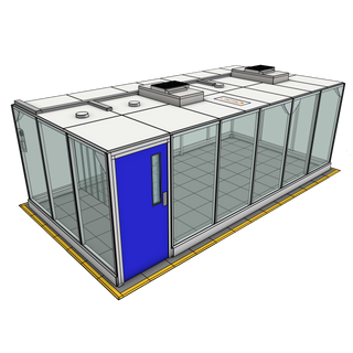 3D image of Nano Clean CleanCell 2.1/361 Hardwall Cleanroom showing model CC-2.1-361-VFK with floor area of 3.3m x 6.3m (including Lobby) and ceiling height of 2.1m. Complete with 2 qty fan HEPA filter modules, LED lighting and vinyl flooring.