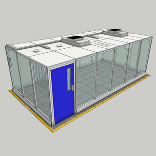 3D image of Nano Clean CleanCell 2.1/361 Hardwall Cleanroom showing model CC-2.1-361-VFK with floor area of 3.3m x 6.3m (including Lobby) and ceiling height of 2.1m. Complete with 2 qty fan HEPA filter modules, LED lighting and vinyl flooring.