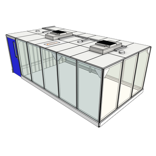 3D image of Nano Clean CleanCell 2.1/361 Hardwall Cleanroom showing model CC-2.1-361-x with floor area of 3.3m x 6.3m (including Lobby) and ceiling height of 2.1m. Complete with 2 qty fan HEPA filter modules, LED lighting (no vinyl flooring).