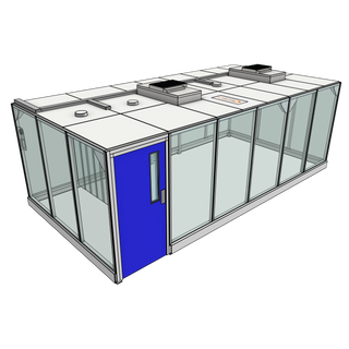 3D image of Nano Clean CleanCell 2.1/361 Hardwall Cleanroom showing model CC-2.1-361-x with floor area of 3.3m x 6.3m (including Lobby) and ceiling height of 2.1m. Complete with 2 qty fan HEPA filter modules, LED lighting (no vinyl flooring).