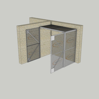 3D image of Nano Clean Mesh-Cell Modular Security Cage showing  model MC-2W-001-White with floor area of 2.44m x 1.22m and ceiling height of 2.44m. Corner configuration complete with 2 qty sidewall mesh-panel elevations, full height mesh-panel double door and mesh-panel roof in white paint finish for indoor use.