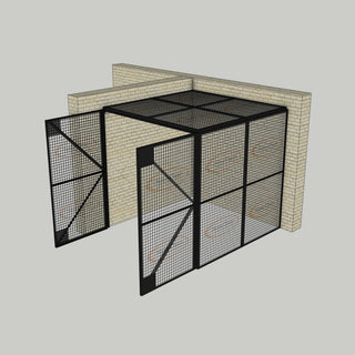 3D image of Nano Clean Mesh-Cell Modular Security Cage showing  model MC-2W-002-Black with floor area of 2.44m x 2.44m and ceiling height of 2.44m. Corner configuration complete with 2 qty sidewall mesh-panel elevations, full height mesh-panel double door and mesh-panel roof in black paint finish for indoor use.