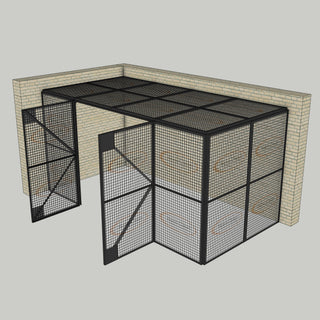 3D image of Nano Clean Mesh-Cell Modular Security Cage showing  model MC-2W-004-Graphite with floor area of 2.44m x 4.88m and ceiling height of 2.44m. Corner configuration complete with 2 qty sidewall mesh-panel elevations, full height mesh-panel double door and mesh-panel roof in graphite paint finish for indoor use.