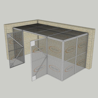 3D image of Nano Clean Mesh-Cell Modular Security Cage showing  model MC-2W-004-White with floor area of 2.44m x 4.88m and ceiling height of 2.44m. Corner configuration complete with 2 qty sidewall mesh-panel elevations, full height mesh-panel double door and mesh-panel roof in white paint finish for indoor use.