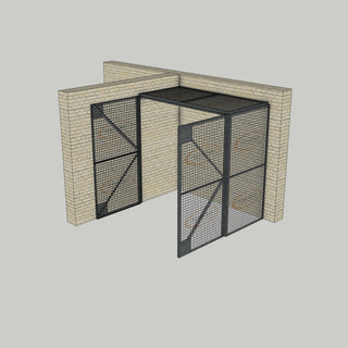 3D image of Nano Clean Mesh-Cell Modular Security Cage showing  model MC-2W-005-Galvanised with floor area of 2.44m x 1.22m and ceiling height of 2.44m. Corner configuration complete with 2 qty sidewall mesh-panel elevations, full height mesh-panel double door and mesh-panel roof in galvanised finish for outdoor use.