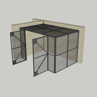 3D image of Nano Clean Mesh-Cell Modular Security Cage showing  model MC-2W-007-Galvanised with floor area of 2.44m x 3.66m and ceiling height of 2.44m. Corner configuration complete with 2 qty sidewall mesh-panel elevations, full height mesh-panel double door and mesh-panel roof in galvanised finish for outdoor use.