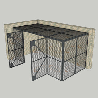 3D image of Nano Clean Mesh-Cell Modular Security Cage showing  model MC-2W-008-Galvanised with floor area of 2.44m x 4.88m and ceiling height of 2.44m. Corner configuration complete with 2 qty sidewall mesh-panel elevations, full height mesh-panel double door and mesh-panel roof in galvanised finish for outdoor use.
