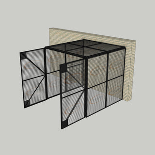 3D image of Nano Clean Mesh-Cell Modular Security Cage showing  model MC-3W-010-Black with floor area of 2.44m x 2.44m and ceiling height of 2.44m. Back Wall configuration complete with 3 qty sidewall mesh-panel elevations, full height mesh-panel double door and mesh-panel roof in black paint finish for indoor use.